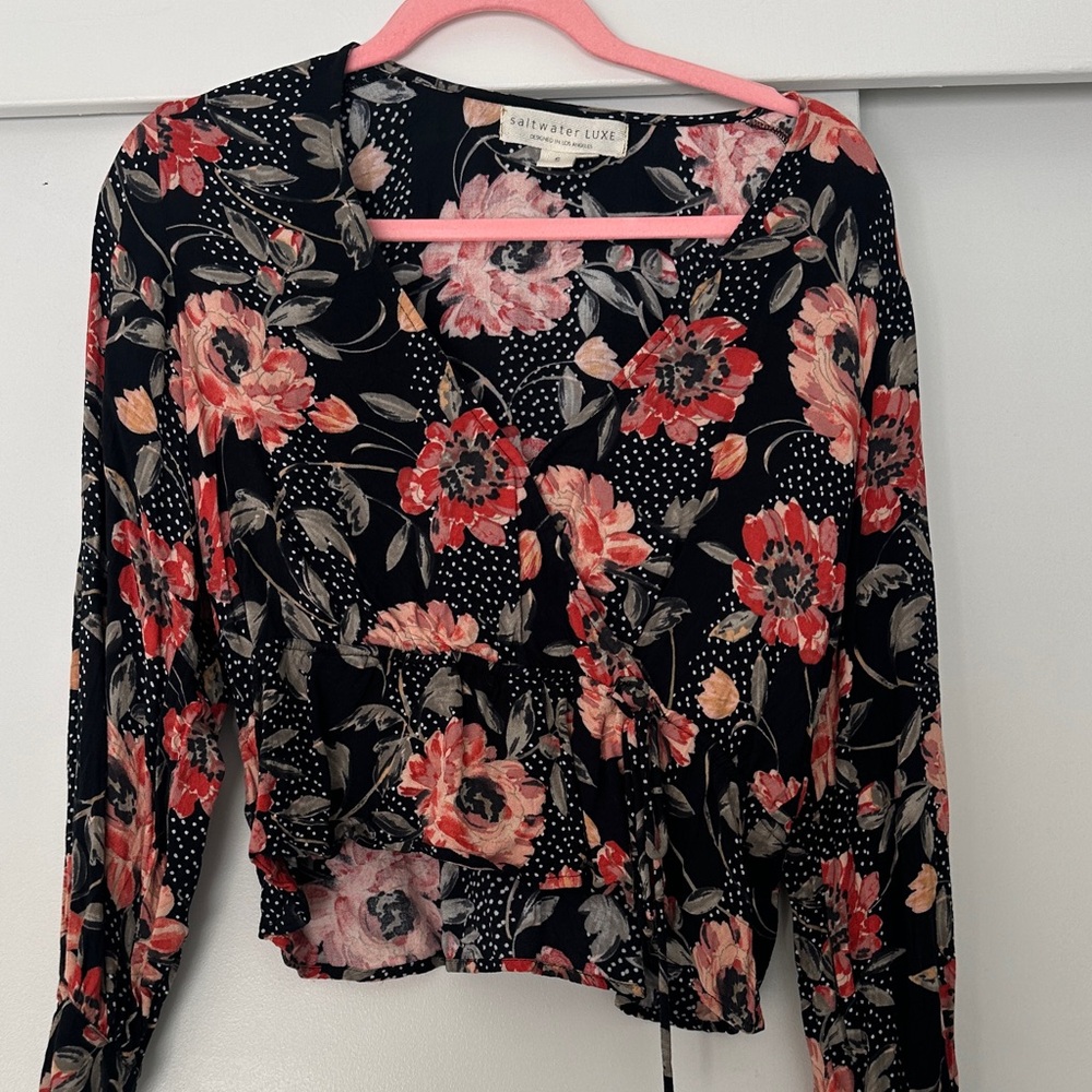 saltwater LUXE Black Floral Wrap Top with Pink & Coral Blooms